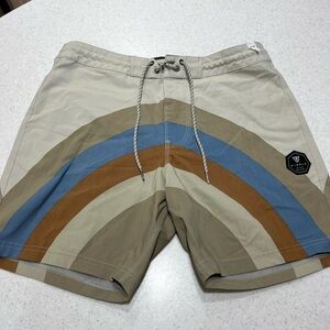 VISSLA Beige Swim Shorts with Blue and Brown Arch Stripes
